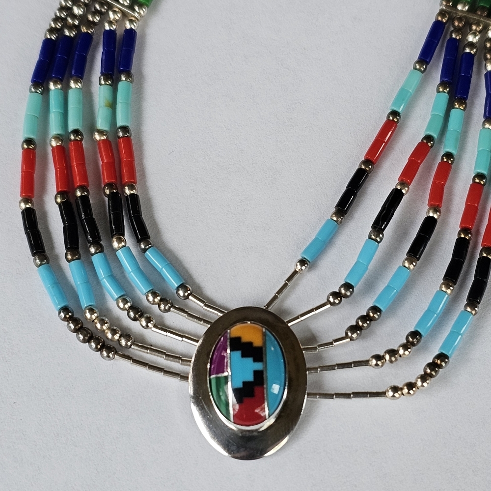 Authentic Turquoise Pendant 5 Strand Heishi Liquid Sterling Silver Necklace - Picture 3 of 5